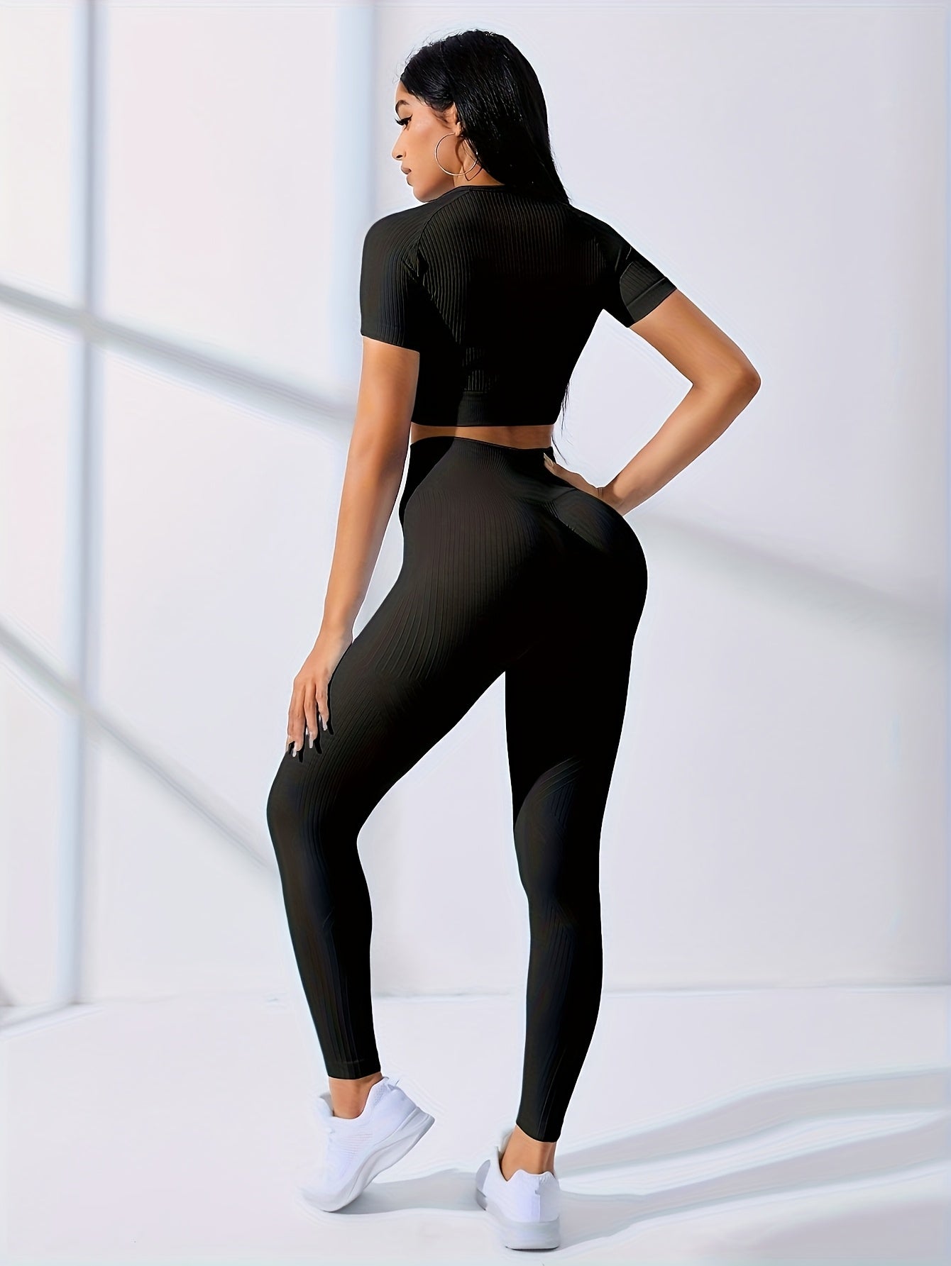 Women's 2pcs Workout Set - Yoga Top & Leggings, Crew Neck, Medium Stretch, Solid Color, All-Season Activewear, Workout