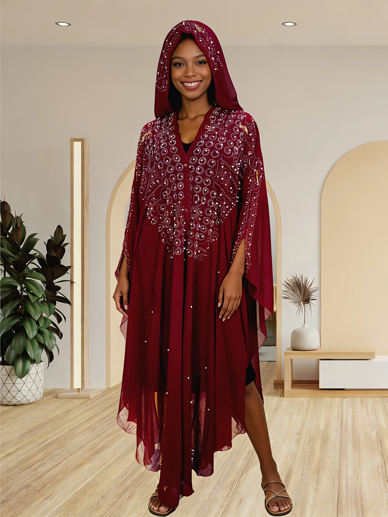 Chic Shawl Adorned with Sequins And Rhinestones for Spring - Features a Relaxed Fit, Long Sleeves, Tassel Details, And Golden Accents, Ideal for Fashion in The Middle East And Southeast Asia, a Dazzling Outfit