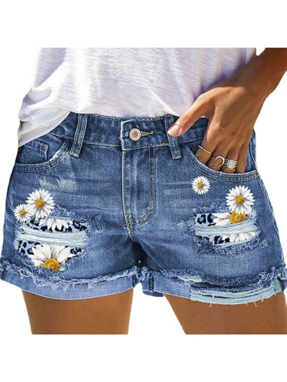 Womens Daisy Embroidered Distressed Denim Shorts Blue Leopard Print Patchwork Ripped Jean Shorts Mid Rise Frayed Hem Casual Summer Hot Pants for Beach Vacation Music Festival Boho Streetwear Chic Denim Cut Offs