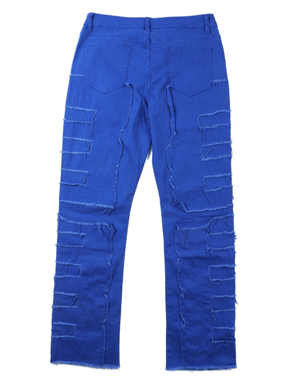 Men'S Slim-Fit Distressed Washed Blue Faux Denim with Fringe Hem & Tassel Details - Heavy-Faux Denim Streetwear Hip-Hop Skateboard Rap Style, All-Season Comfort Stretch Faux Denim for Men, Casual to Semi-Formal Wear (Regular Length), Stretchable Faux Deni