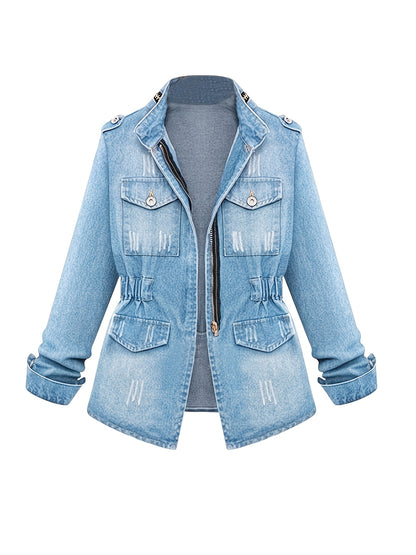 1pc Women's Short Round Neck Three - Quarter Sleeve Light Blue Denim Jacket | Casual Stylish for Daily Outfits, Shopping & Spring - Autumn Wear | Size S - XXL