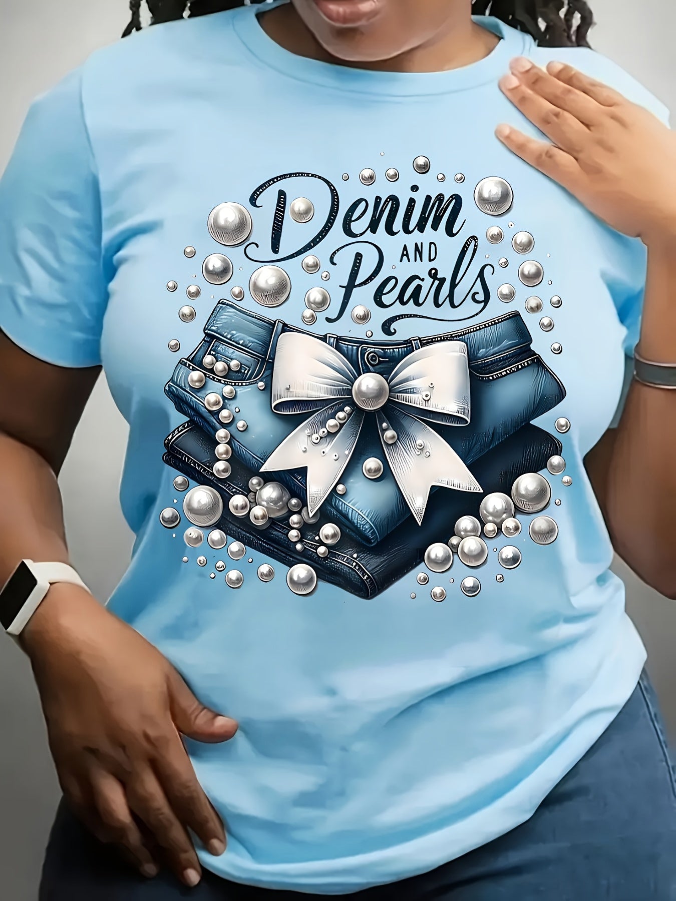 Plus Size, Plus Size-Short-sleeve T-shirt, Denim and Pearl Print, All-season Basic Style, Comfortable Breathable Soft Fabric, Women's Casual Top, Machine Washable Durable, Essential for Going Out