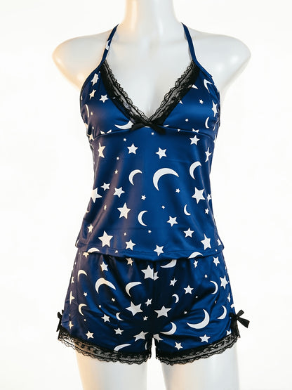 New Arrival Lingerie Seductive Halter Ruffle Sexy 2pcs Pajama Set, Women's Cami & Shorts Loungewear
