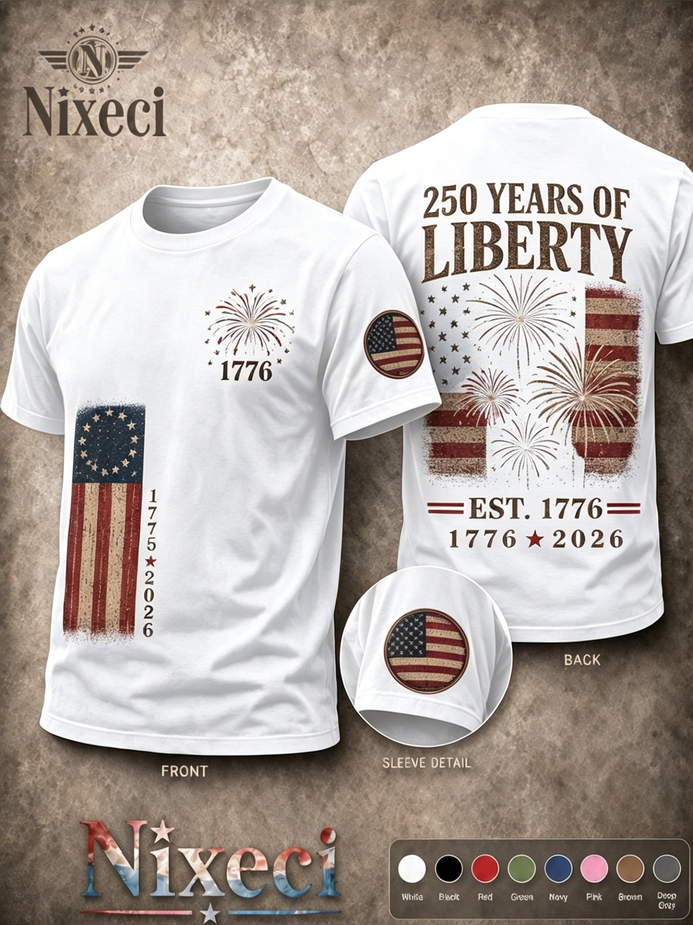 Nixeci Pure T-Shirt Men'S 180G Summer Crewneck Short Sleeve, Patriotic Vintage American Flag Fireworks Double-Sided Multi Print, 4Th of July Independence Day 250 Years of Liberty Casual Loose Fit Tee