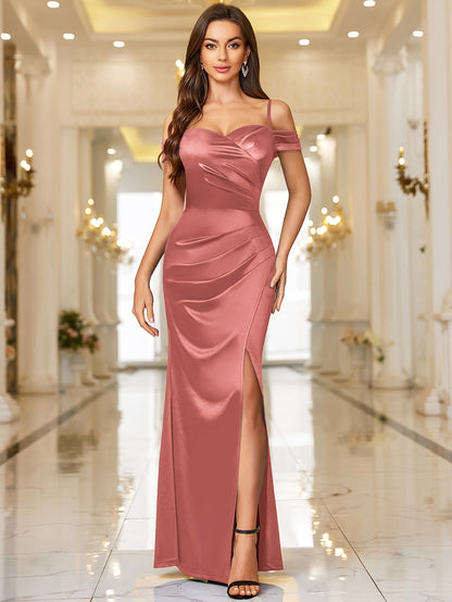 53300 Elegant Women'S Off-Shoulder Satin Long Bridesmaids Dress, Spaghetti Straps, Slit And Ruched Design, Perfect for Formal Evening Prom, Wedding Party, Gala