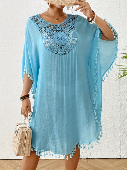 Women's Sexy Crochet Batwing Sleeve Tassel Hem Top - Black Hollow Out Design, Resort Wear Beach Cover-Up, Lightweight Polyester, Perfect for Spring & Summer