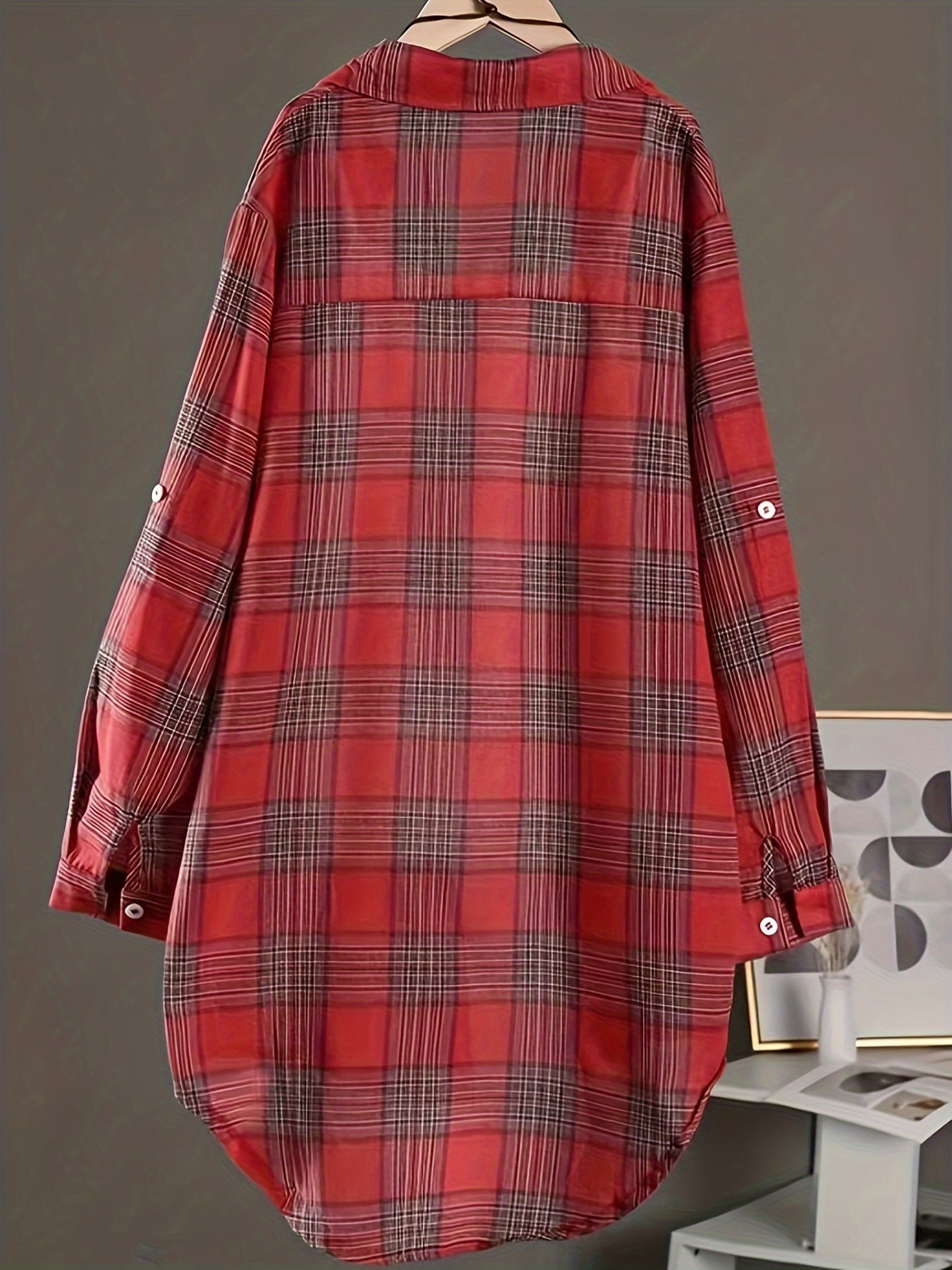 Plus Size - Plus Size - Plus Size Womens Casual Plaid Shirt - Lapel Collar, Dipped Hem, Semi-Sheer, Long Sleeve, Button Front, Perfect for All Seasons