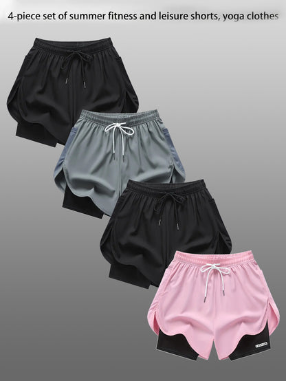 4pcs Summer Women's Casual Sports Shorts, Featuring A Two-piece Layering Design with Letters Suitable for Running And Casual Fitness, Come In Black, Gray, Green And