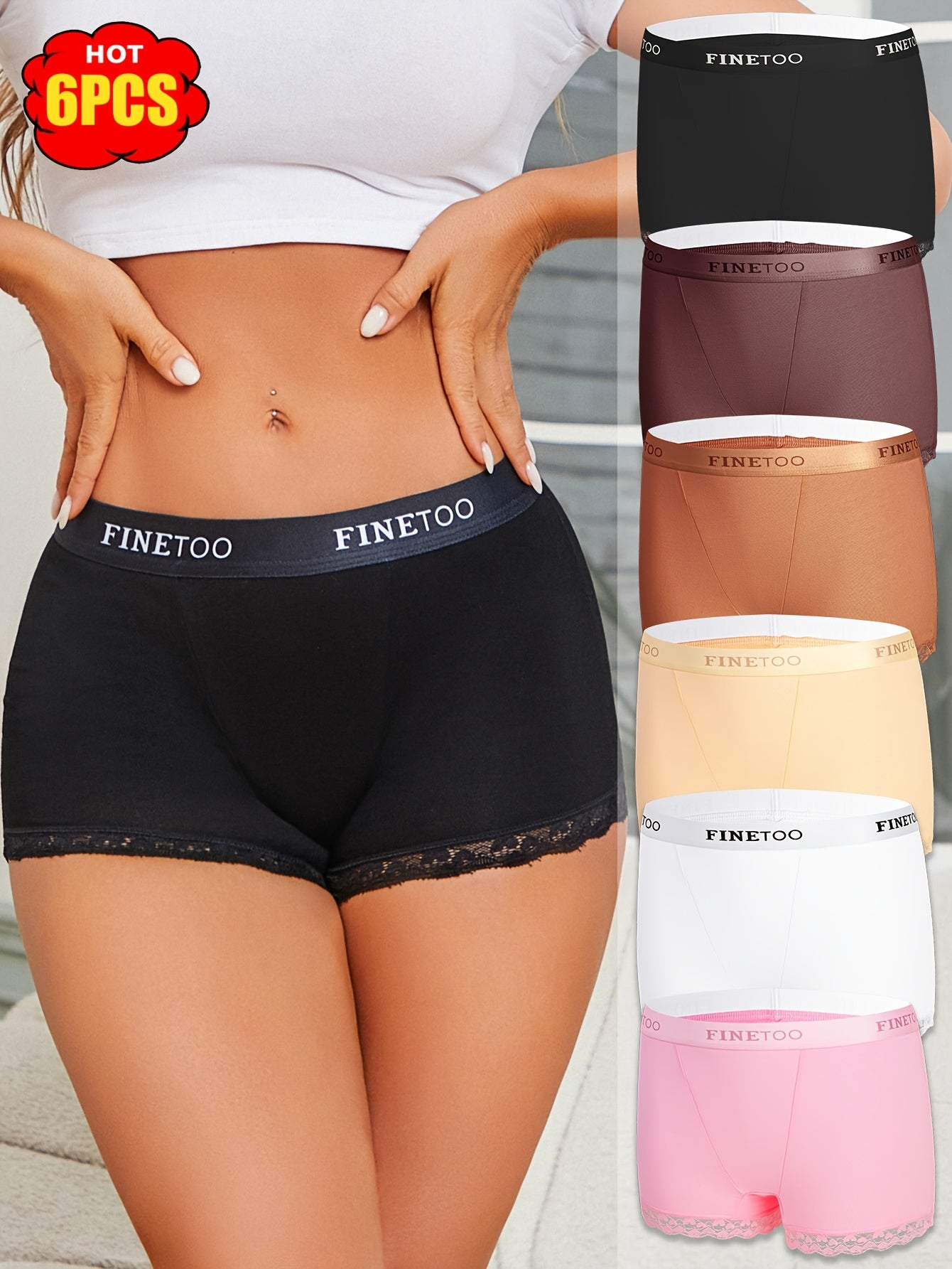 6pcs Set of Letter Waistband Lace Lace Four Corner Pants, Fashionable, Elegant, Breathable And Elastic Underwear, Suitable for Daily Commuting, Women'S Underwear And Underwear
