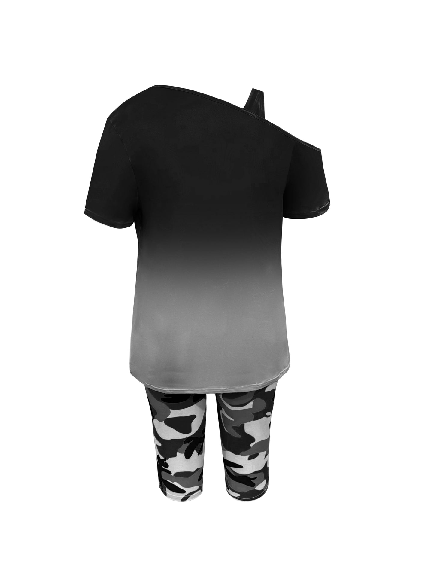 Plus Size - Ladies Fashion Daily Casual Suit, Diagonal Shoulder Camisole Gradient Letter Print Top + Camouflage Capri Pants Design.