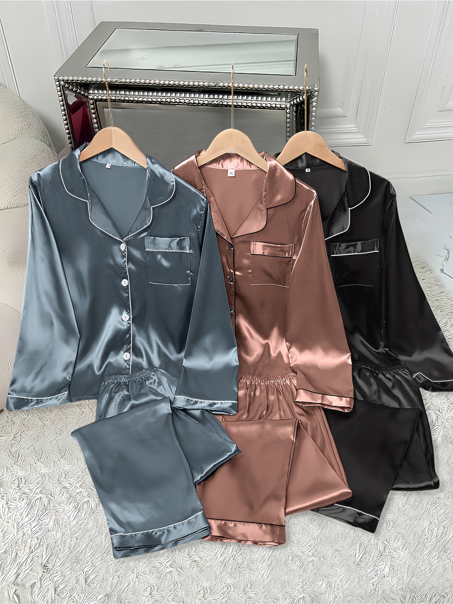 3pcs Women'S Satin Pajama Set - Casual Solid Color Long Sleeve Shirt & Elastic Waist Pants, Lapel Collar, Button Detail, Fall/Winter Sleepwear