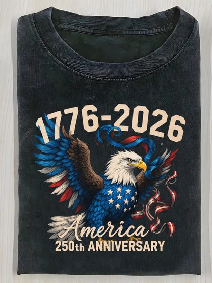 Washed Cotton T-Shirt 1776-2026 American Flag Eagle Pattern T-Shirt, Vintage Distressed Style 250th Anniversary American Celebration T-Shirt- Casual Crew Neck Pure Cotton T-Shirt, Breathable Comfortable American Independence Day Commem Washed Cotton