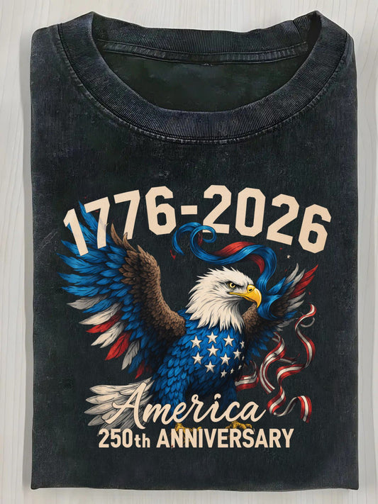 Washed Cotton T-Shirt 1776-2026 American Flag Eagle Pattern T-Shirt, Vintage Distressed Style 250th Anniversary American Celebration T-Shirt- Casual Crew Neck Pure Cotton T-Shirt, Breathable Comfortable American Independence Day Commem Washed Cotton