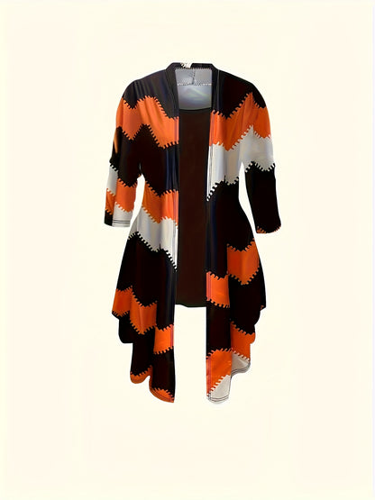 [Printed Cardigan Set] Women's 3pcs Set, Printed Cardigan Jacket Paired with Solid Color Casual Pants Vest Daily Set
