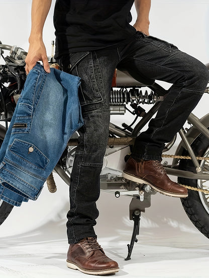 Men'S Wear-resistant Zipper Large Pocket Motorcycle Cycling Pants Vintage Washed Elastic Jeans