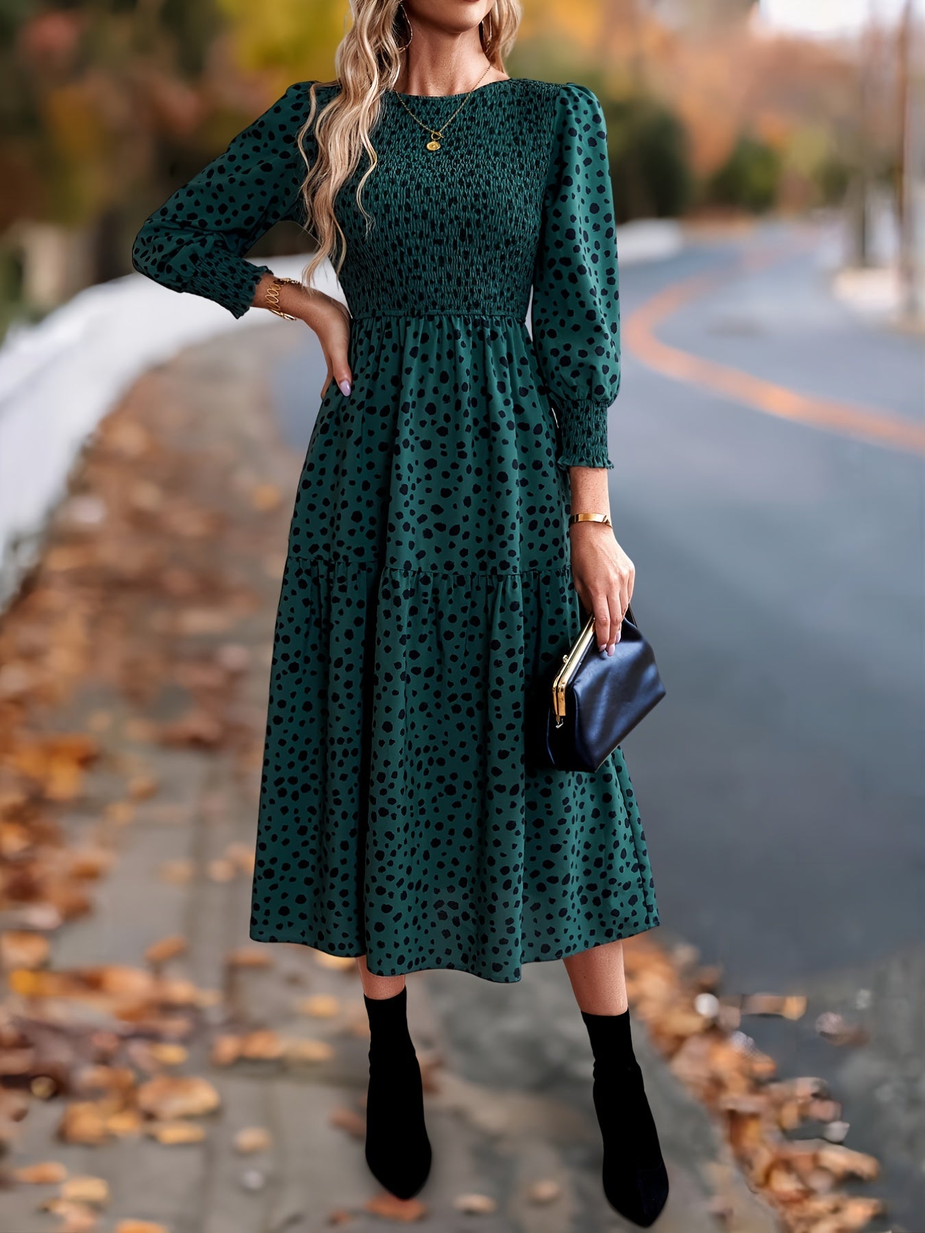 ZAFUL Spring Women's Clothing, Elegant Dress for Ladies with Long Sleeves and Round Neck Leopard Print, Commuting Elegant Dress, Women's Long Skirt