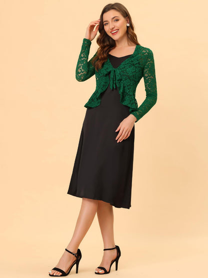 Women's Sheer Crop Bolero Cardigan - Semi-Sheer Lace Shrug with Ruffled Hem & Tie-Front Closure, Blouse for Sleeveless Dresses/Tank Tops (Machine Washable, Spring/Summer Wedding/Office/Cardigan) - 90% Nylon/10% Spandex