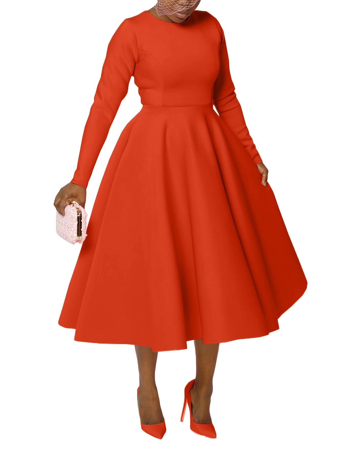 Plus Size - Plus Size Women'S Solid Color Round Neck Long Sleeve Back Pleated Flared Dress Autumn And Winter Elegant Long Dress
