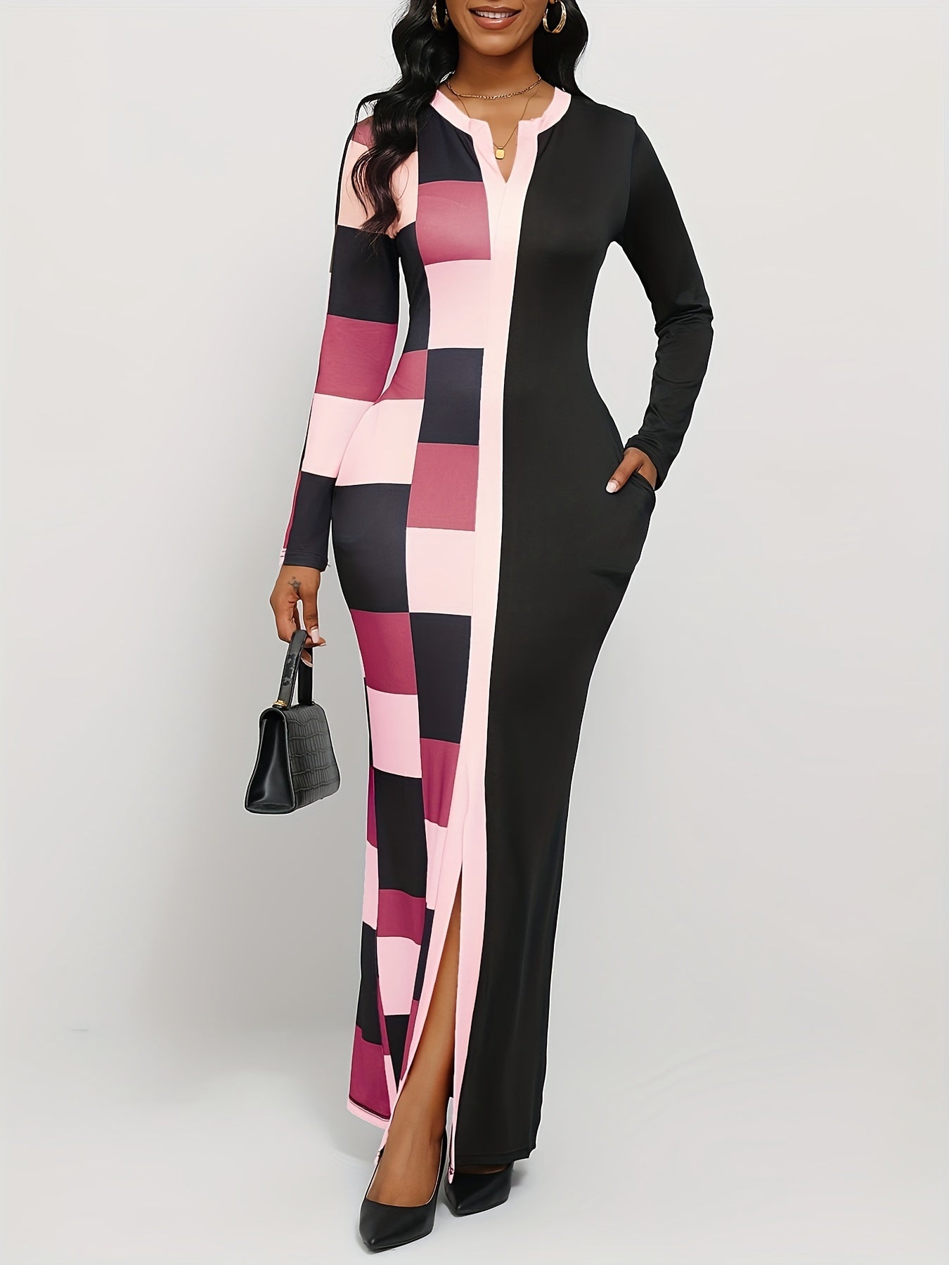 Geo Print Long Sleeve Split Dress, Casual Notch Neck Dress for Spring & Fall, Women's Clothing