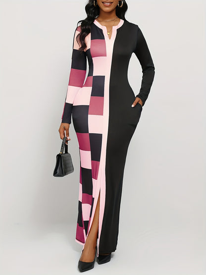 Geo Print Long Sleeve Split Dress, Casual Notch Neck Dress for Spring & Fall, Women's Clothing