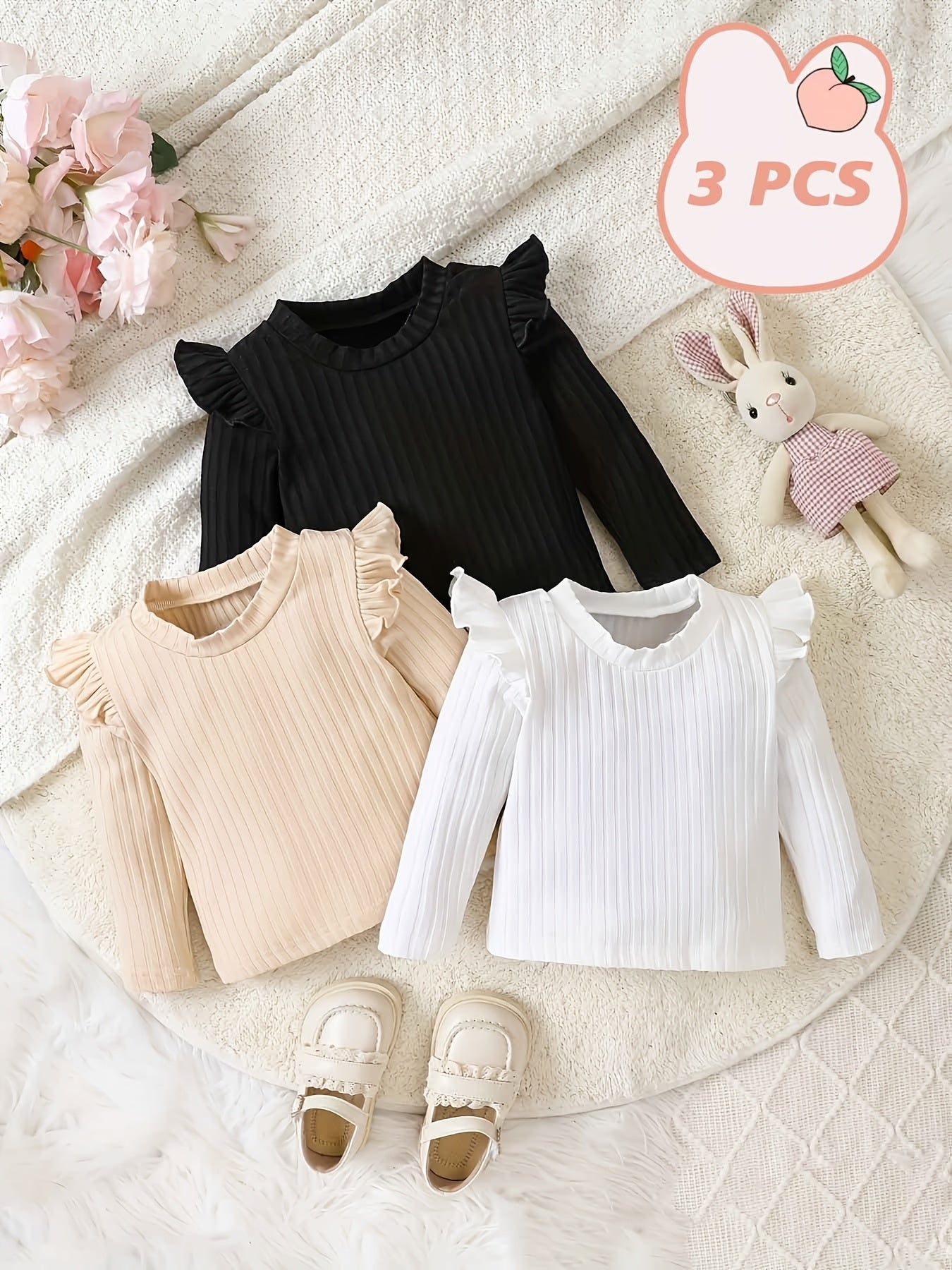 Girls' Clothing - School Season Gifts - Spring/Autumn Round-Neck Short-Sleeved Plaid Base Shirt - Long-Sleeved T-Shirt Set of 3 - Versatile And Cute Casual Style - Baby Girls' Long-Sleeved T-Shirt - Valentine'S Day Gift