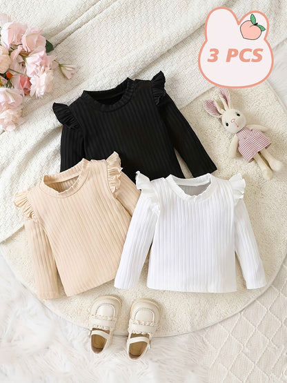 Girls' Clothing - School Season Gifts - Spring/Autumn Round-Neck Short-Sleeved Plaid Base Shirt - Long-Sleeved T-Shirt Set of 3 - Versatile And Cute Casual Style - Baby Girls' Long-Sleeved T-Shirt - Valentine'S Day Gift