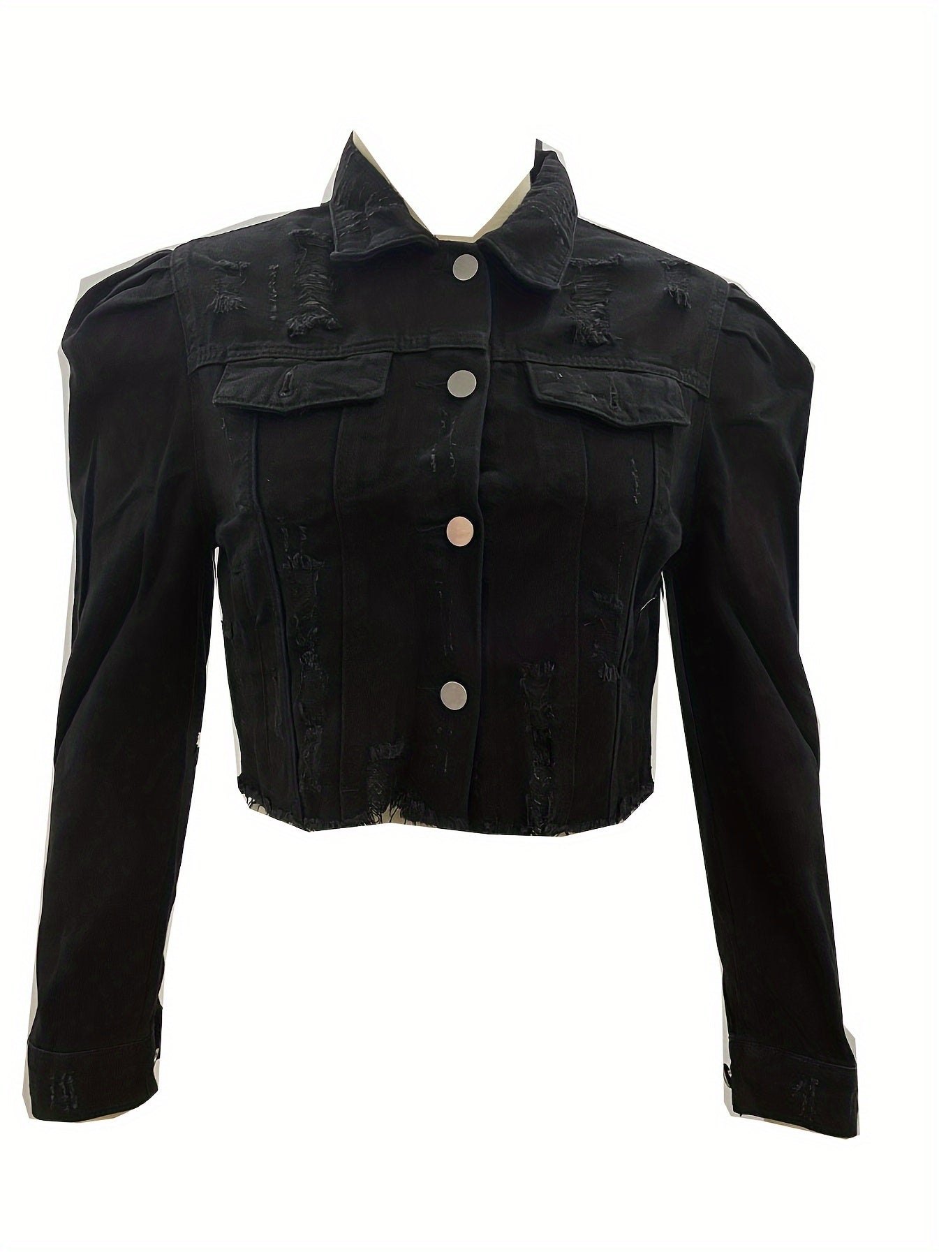 Women's Ripped Denim Jacket Casual Long Puff Sleeve Button Cropped Jean Coats for Women