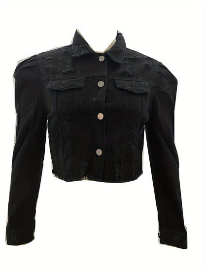 Women's Ripped Denim Jacket Casual Long Puff Sleeve Button Cropped Jean Coats for Women