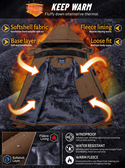 Men'S Winter Ski Jackets Warm Fleece Lined Coats Waterproof Windproof Hooded Thermal Outdoor Parka Thick Sport Hiking Jogging Camping Fishing Climbing Traveling Skiing Snowboarding Casual Windbreaker