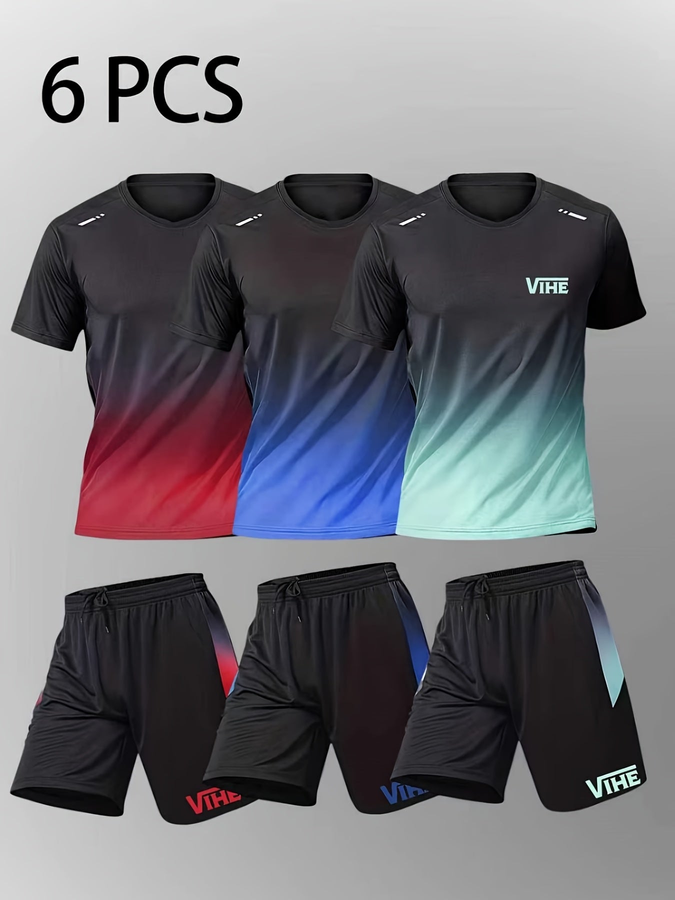 Men'S 6pcs Geometric Pattern T-shirt & Shorts Set, Breathable Quick-Dry Athletic Tracksuit for Men, Ideal for Gym, Running, Workout & Daily Casual Wear