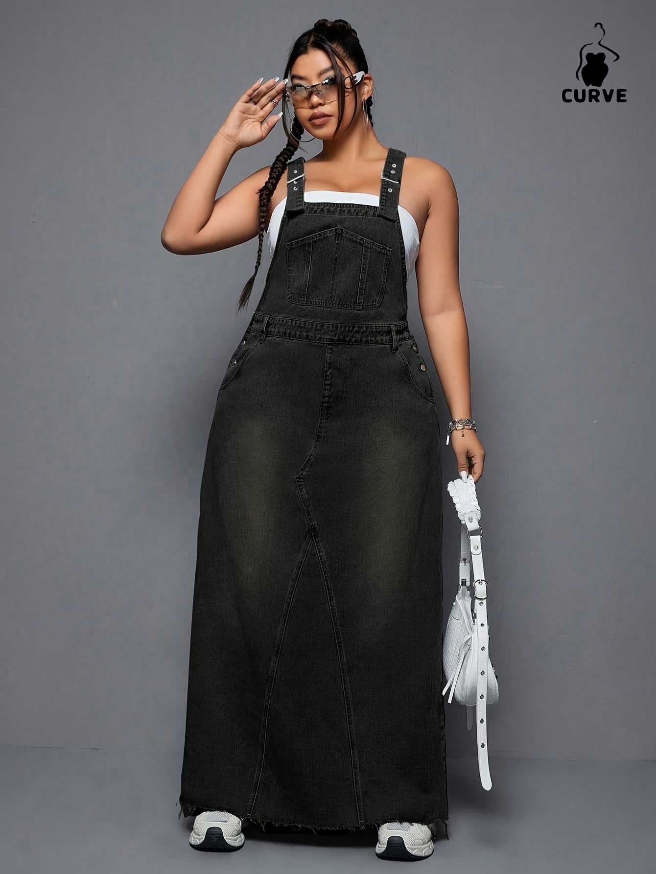 Women's Plus - Size Denim Overall Dress, High - Waisted, Washed & Distressed, Raw Hem, Adjustable Straps, Casual Long Jean Dress