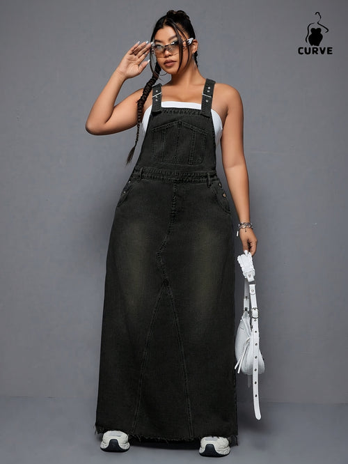 Women's Plus - Size Denim Overall Dress, High - Waisted, Washed & Distressed, Raw Hem, Adjustable Straps, Casual Long Jean Dress