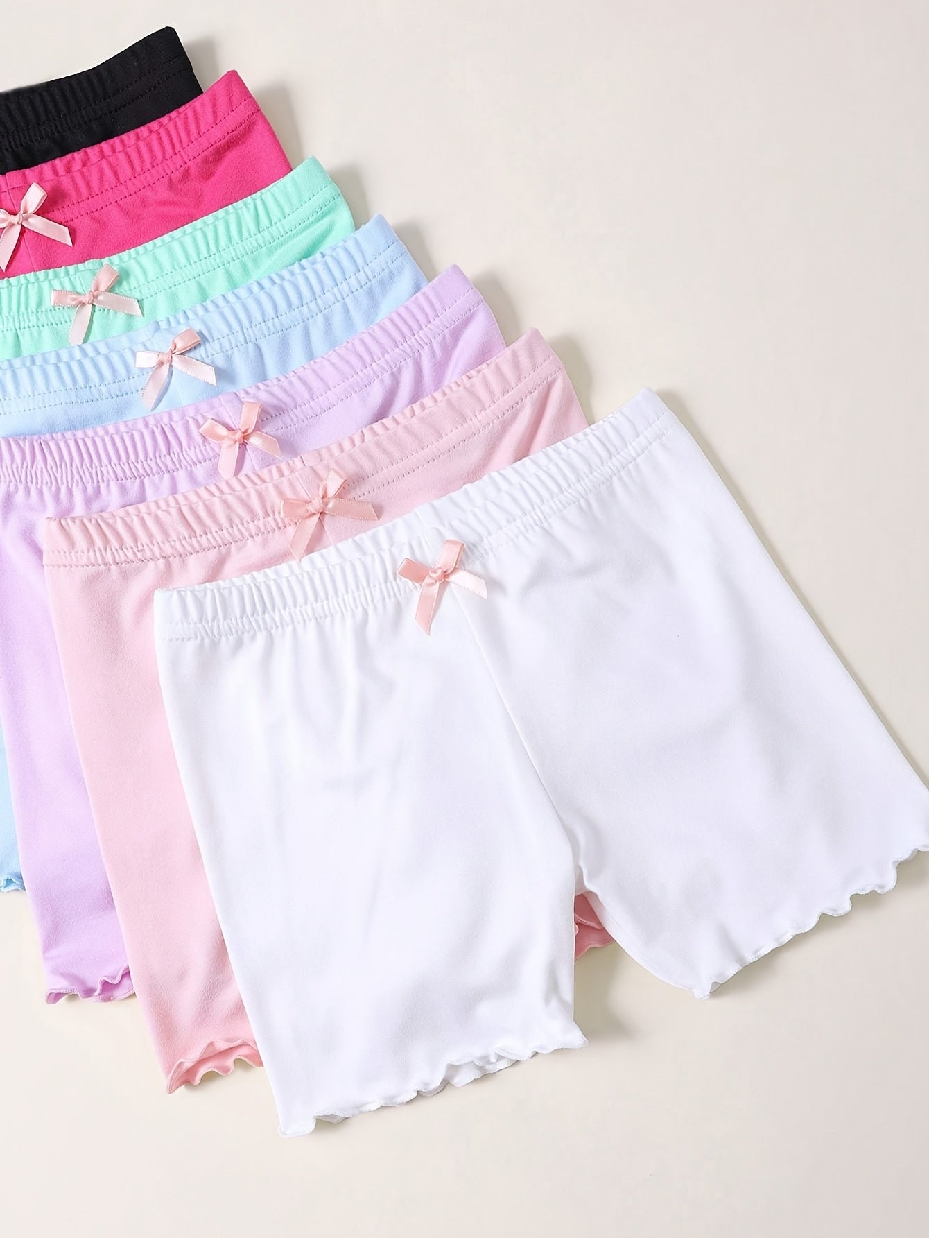 7pcs Girls' Sweet & Cute Colorful Boxer Briefs - Soft Polyester & Elastane Blend, Comfortable Safety Shorts with Bow Detail, Non-Transparent, All-Season Wear, Casual Youngsters Shorts|Playful Bow Detail|Knitted Construction