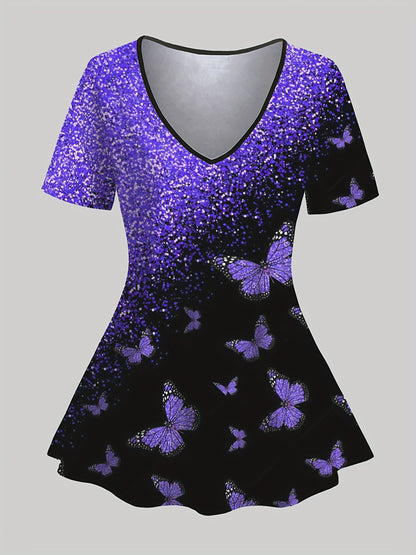 Plus Size, Plus Size Butterfly Print 2pcs Set, Casual Color Block V Neck Short Sleeve Top & Capri Pants Outfits, Women's Plus Size Clothing