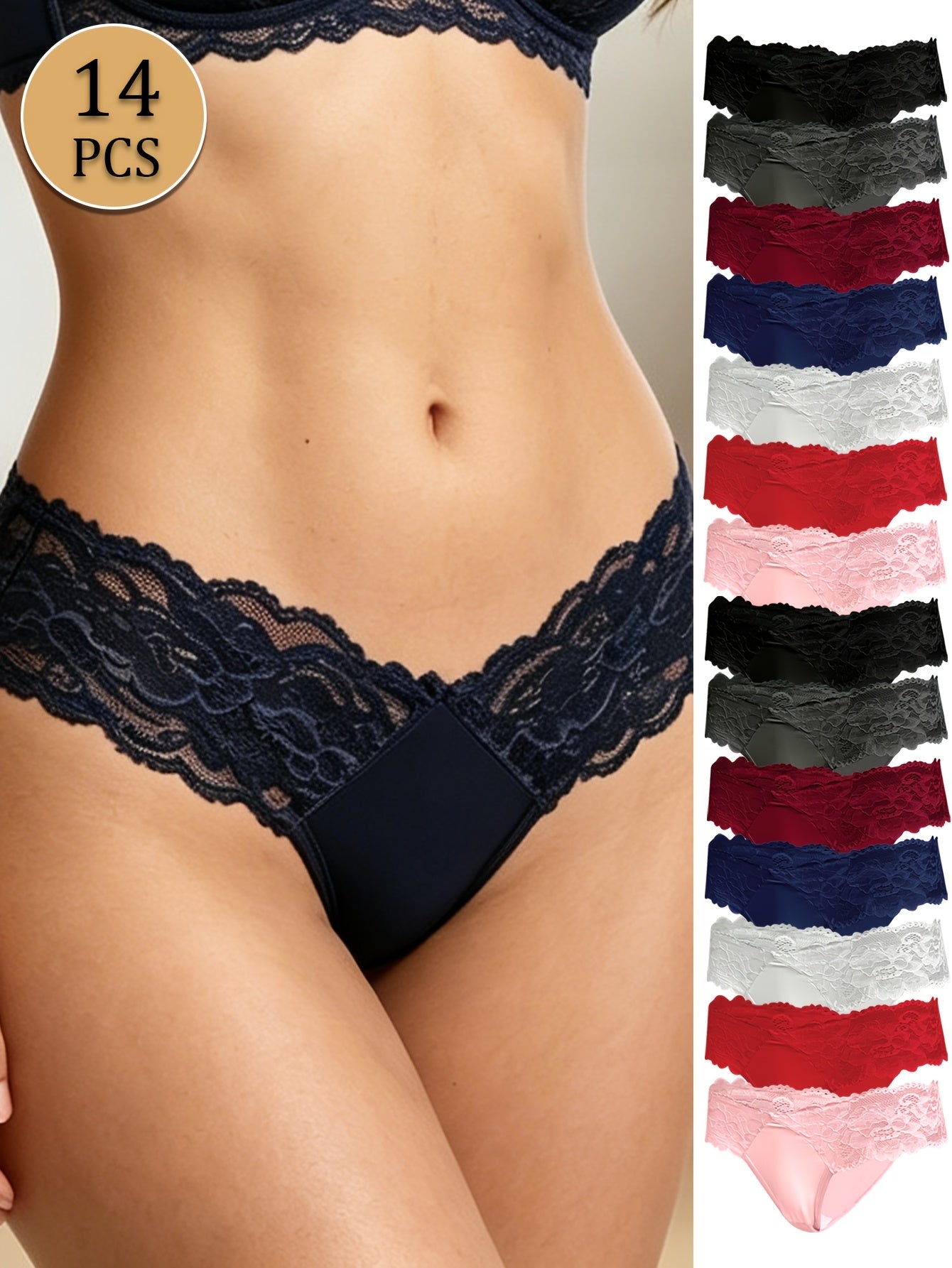 14pcs Comfortable And Breathable Lace Panties, Sexy Bikini Briefs, Solid Color Floral Lace, Scalloped Trim, Elastic Skin-friendly Hipster, Semi Sheer Low-waist Women's Underwear