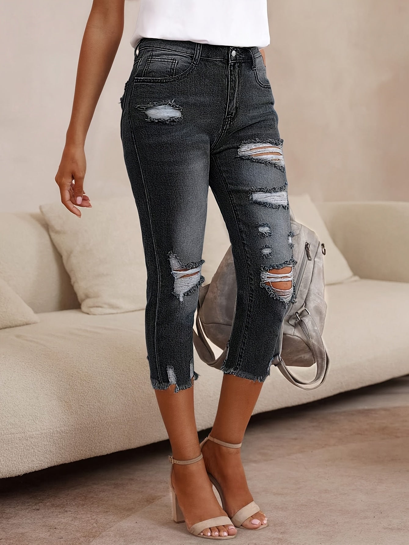 Women's High-Waisted Stretch Denim Capri Pants - Mid-Rise Slim Fit Straight-Leg Ripped Jeans with Distressed Details, Machine Washable Streetwear Style for All-Season Casual Wear
