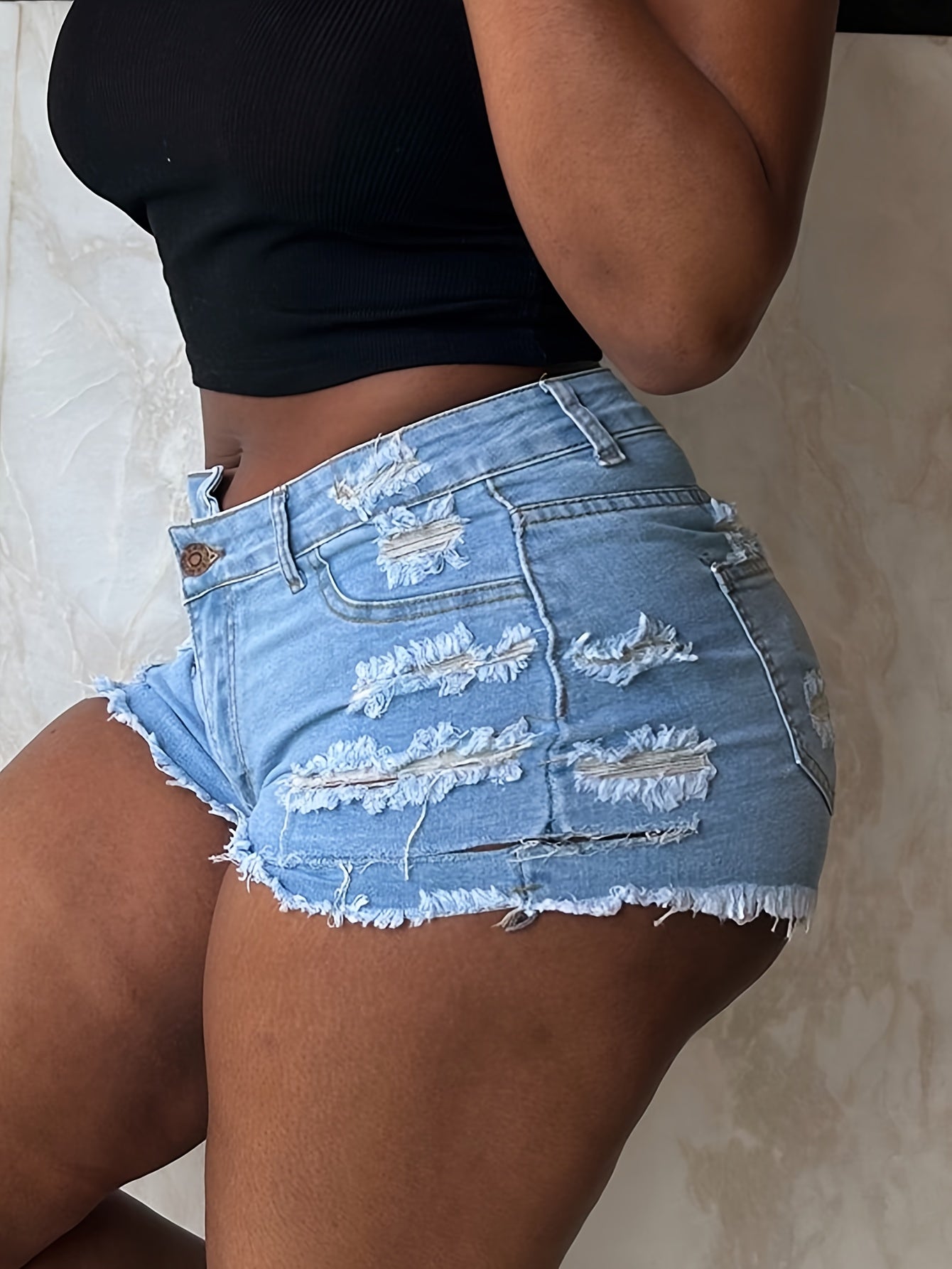 Ripped Raw Hem Denim Shorts, Distressed Washed Blue Denim Shorts, Women's Denim Jeans & Clothing