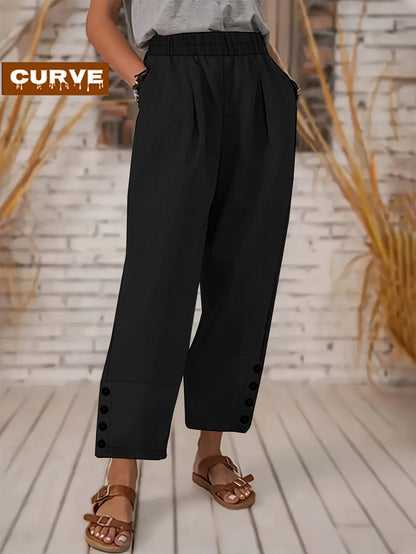 Plus Size - Spring, Summer And Autumn Large-sized Casual Trousers, Solid Color, Button Design, Elastic Waist, Pockets, Large-sized Women'S Harem Trousers For Casual Daily