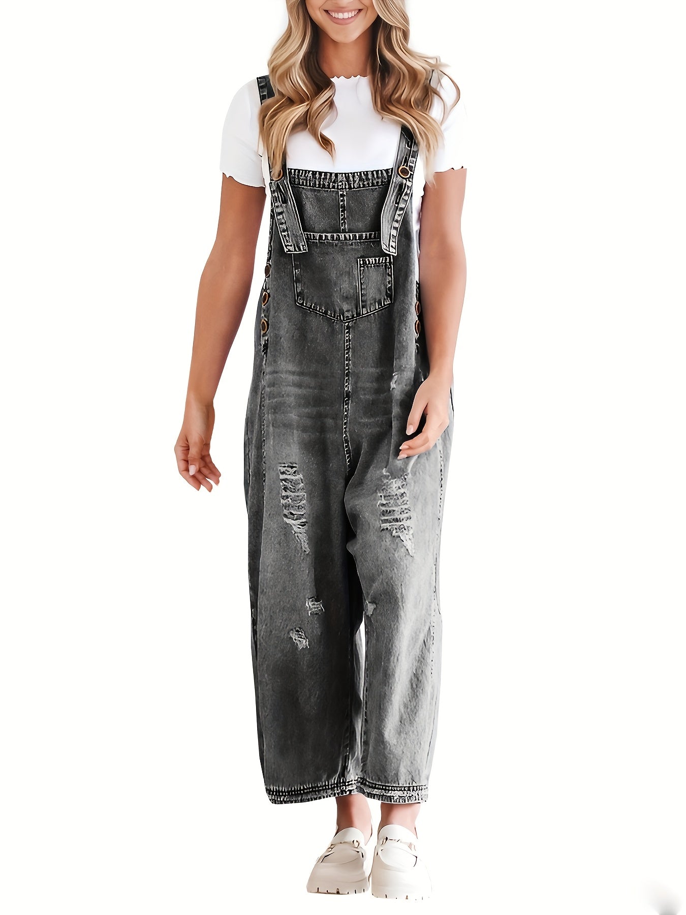 Women's Casual Denim Overalls Loose Adjustable Strap Distressed Bib Jeans Overall Jumpsuits with Pocket