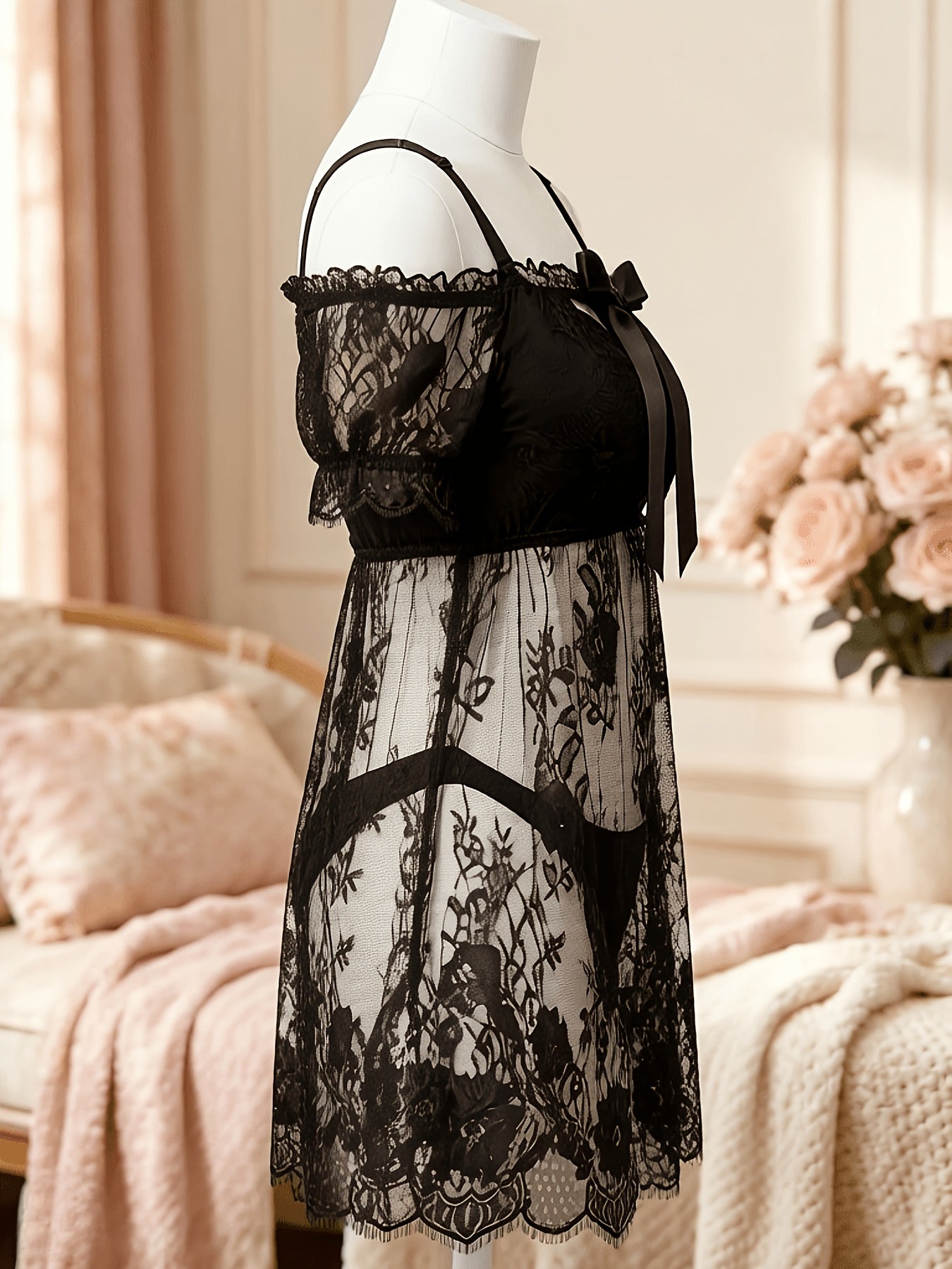 Plus Size Lace Nightdress for Curvy, Sexy Lingerie, Lace & Bow Off-Shoulder Design, Perfect for Home Bedroom Private Space, Super Textured & Attractive