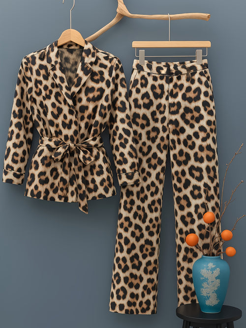 European And American Autumn Leopard Print Long Sleeve Top, Loose Casual Pants Set Can Be Worn Outside, at Home, Slightly Elastic, Elegant