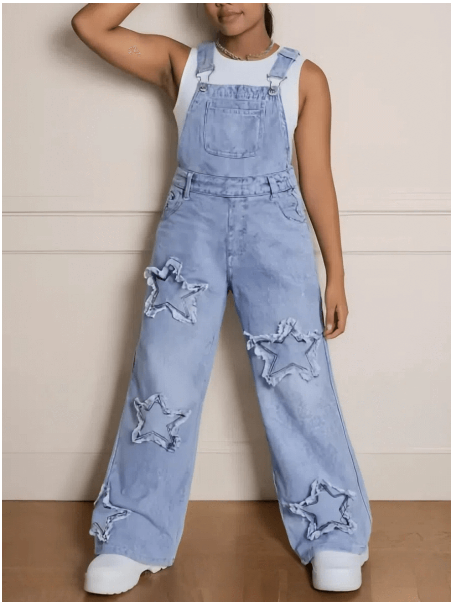 Girls' Star Embroidered Denim Overalls - Wide Leg