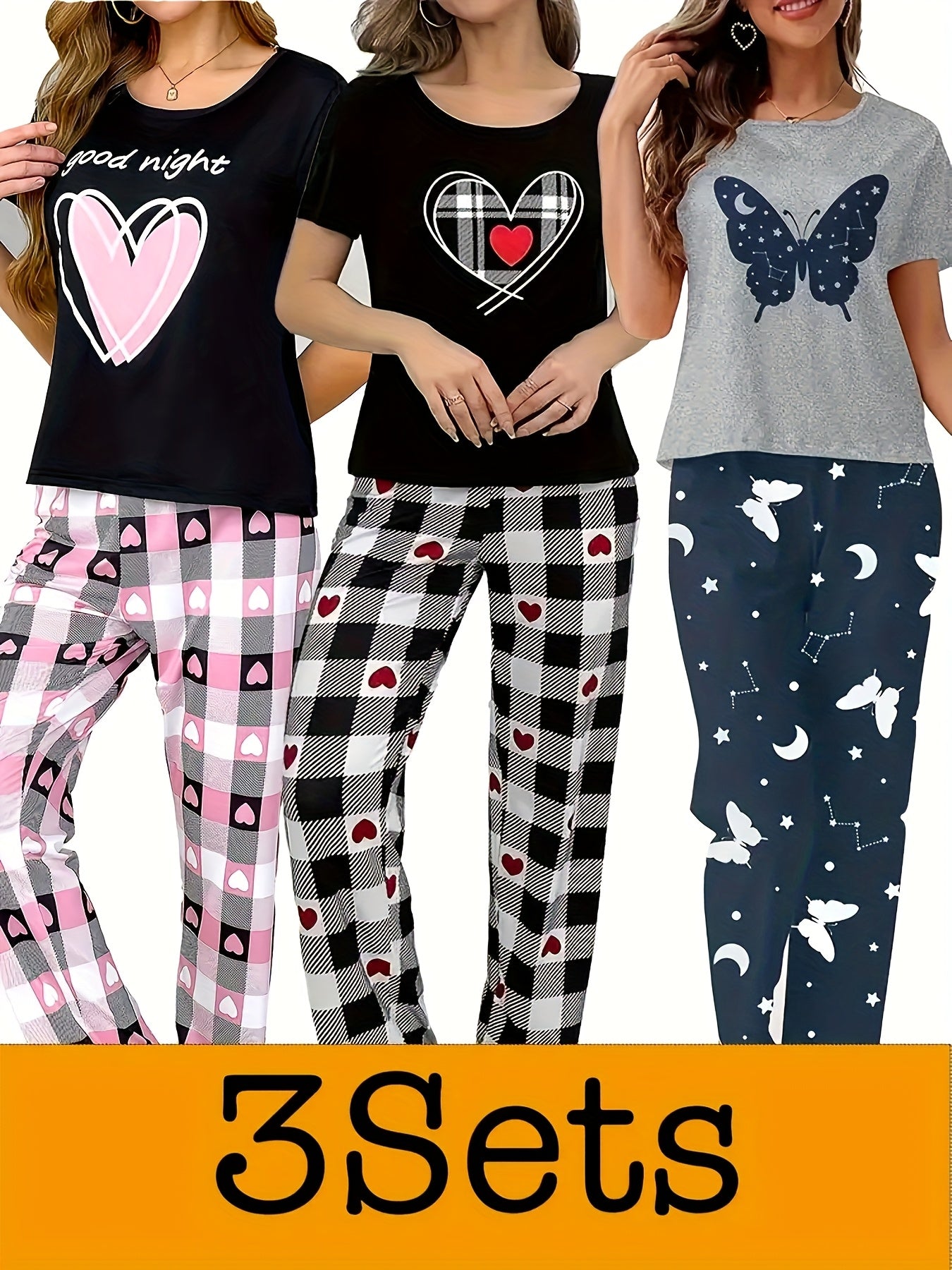 3 Pajama Sets, Casual Short Sleeve Round Neck Top & Elastic Pants - Women's Sleepwear - Soft & Comfortable Fabric - Perfect for Lounging & Sleeping - Ideal Gift for Her