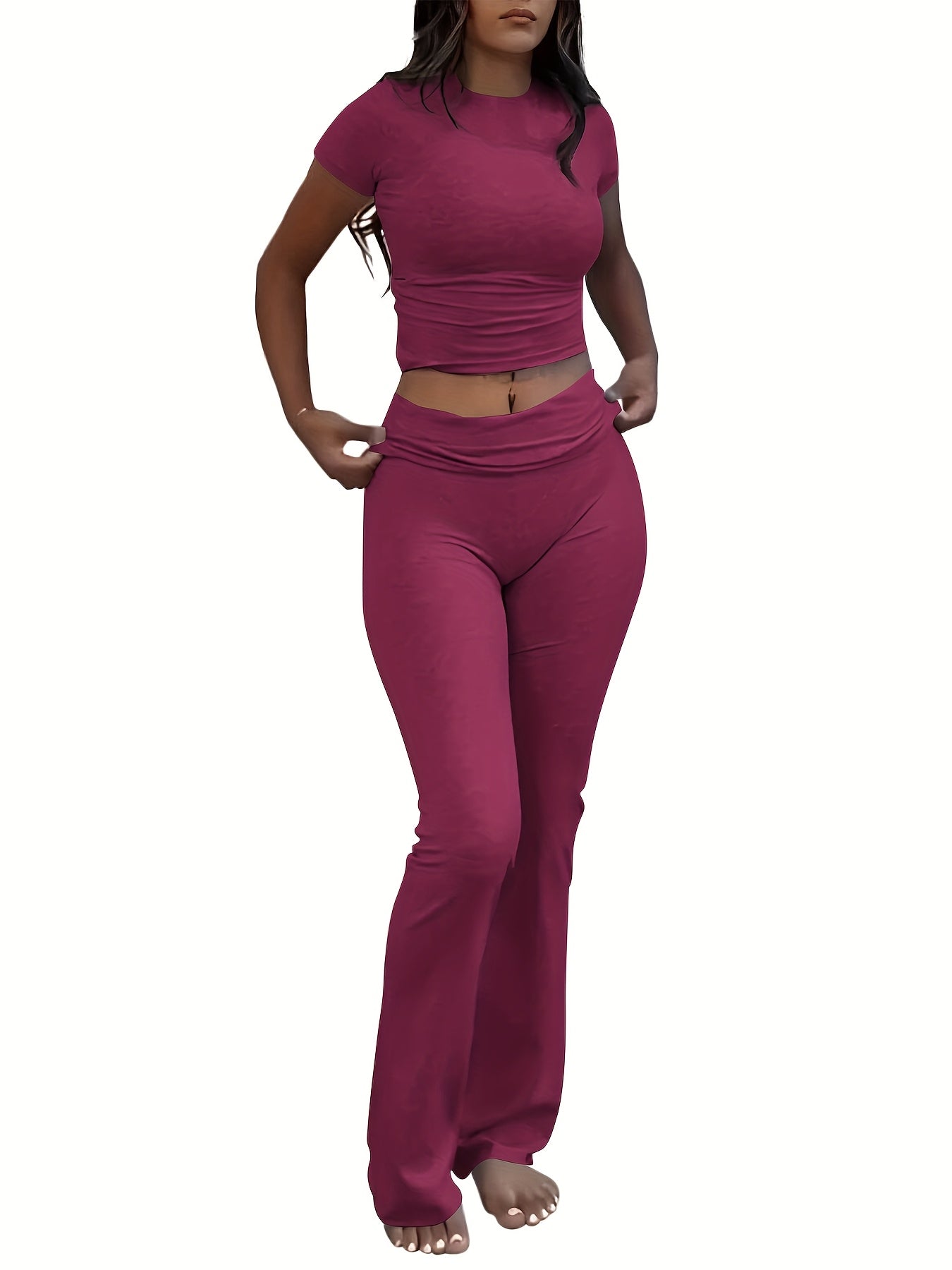 Casual Solid Color Slim Two-piece Pants Set, Short Sleeve Crew Neck T-shirt & Skinny Flared Leg Pants Outfits, Women'S Clothing