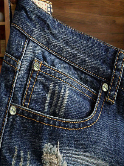 Men'S Ripped Jeans Distressed Ripped Slim Straight-Leg Jeans Stylish Shorts Trendy Loose-Fitting Ripped Straight-Leg Mid-Calf Pants Men Slim-Fit Jeans Durable Fabric