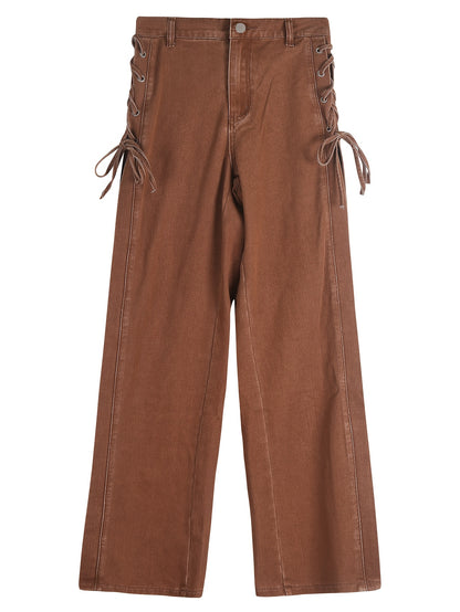 Wide-Leg Straight Jeans for Women Featuring a Side Tie-Up Bow Design, Mid-Rise Relaxed Fit, Ideal for Casual Streetwear, Vacations, Work, And Daily Use, with a Y2K Retro Vibe