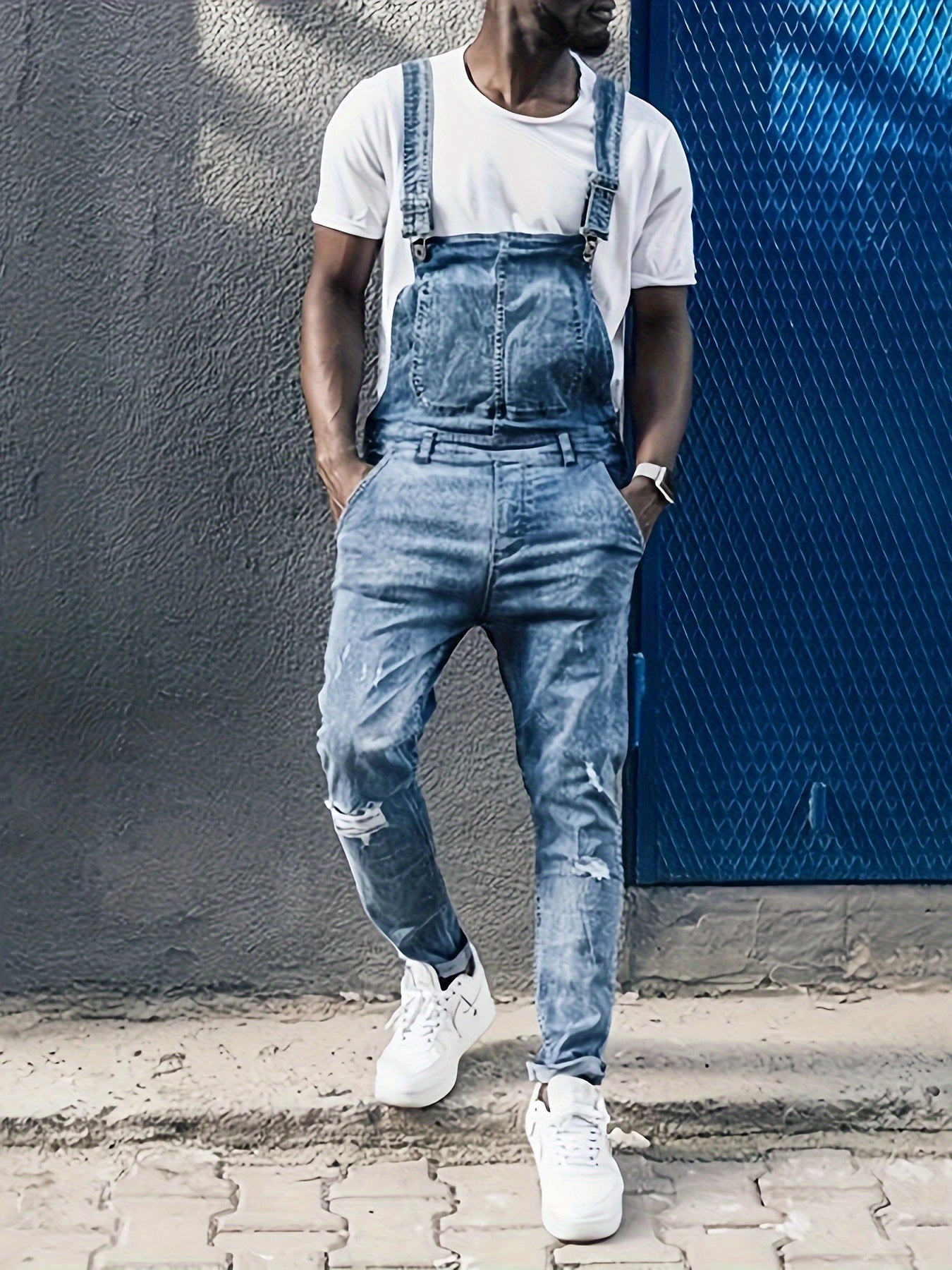 Men's Slim Fit Ripped Jeans - Stretch Denim, Casual & Trendy, Solid Color, Machine Washable, Retro Style, Straight, Versatile