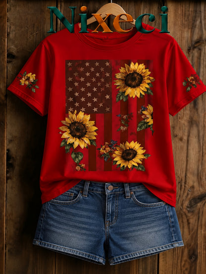 Nixeci Brand Men's Novelty Sleepwear Flag Sunflower Floral Graphic Cotton T-Shirt, Casual Graphic Tee for Summer Outfit, Streetwear Casual Attire, Trending Gift Idea