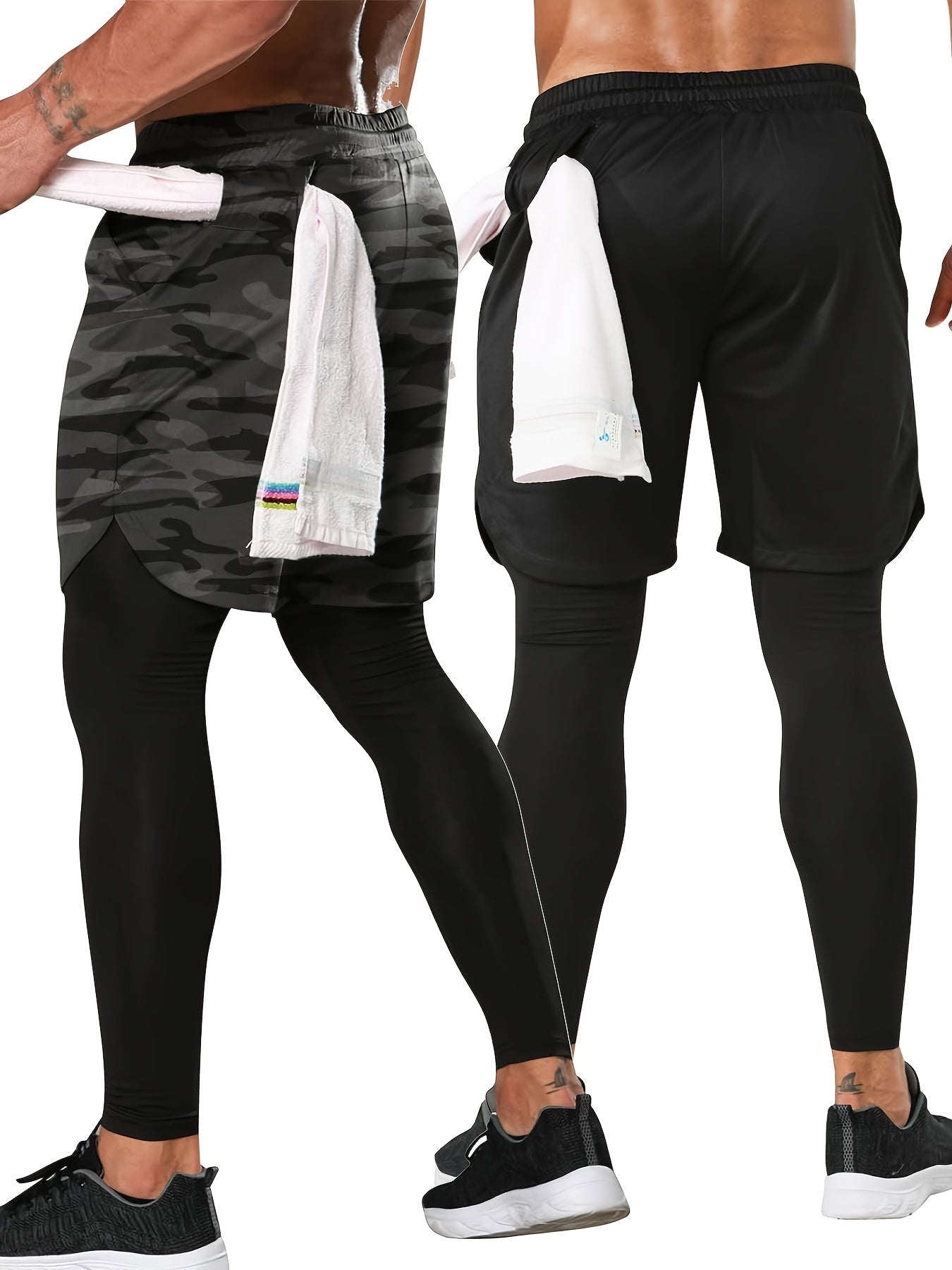 Set of 2 Men'S 2-In-1 Running And Workout Pants Designed for Gym Use, Featuring a Towel Loop