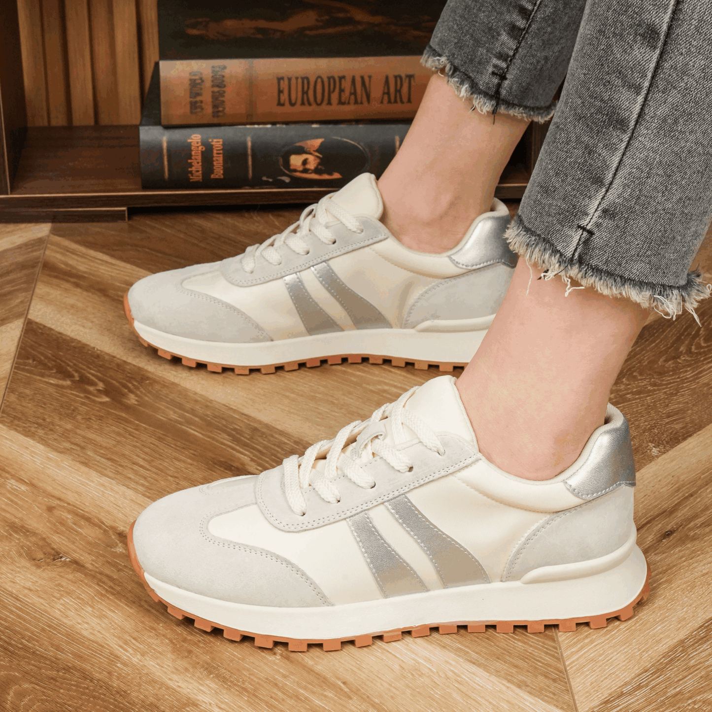 Women's Genuine Leather Chunky Lug Sole Lace Up Running Shoes Casual Designed Fashion Sporty Sneakers AA1127n